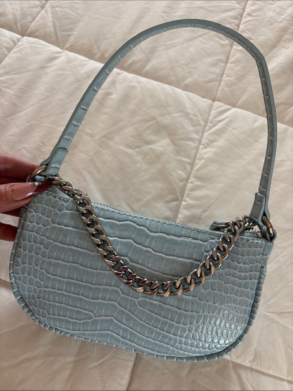 Y2K Baby Blue Croc Baguette Summer Shoulder Bag
